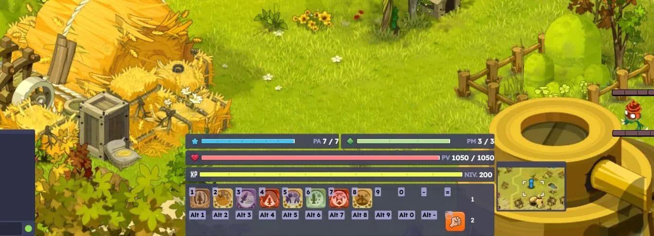 The new Sanstour interface: health, action and movement gauges above two rows of shortcuts.