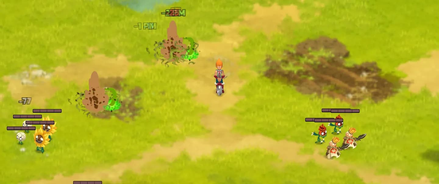 A fight against monsters in the Astrub Fields, among paths and vegetation.